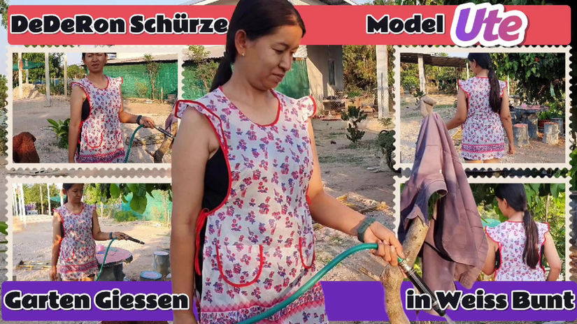 Ute beim Giessen in Dederon Überwurf Schürze#061